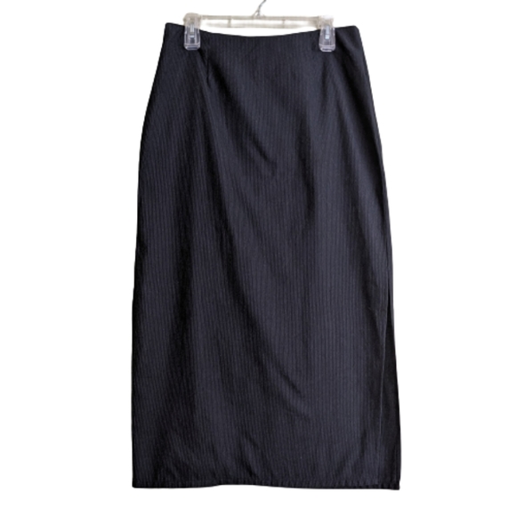 Studio Works Long Pencil Skirt 80's 90's Black Pinstripe Slit - Picture 1 of 12
